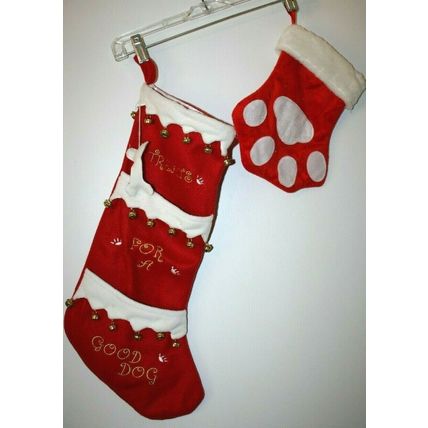 Set of 4 Dog Themed Christmas Stockings Paws Bells Dogs Bones Jingles & Joy