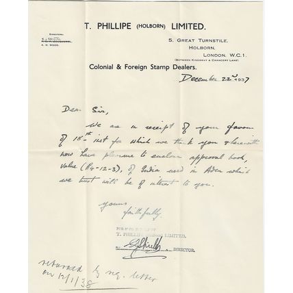 T Phillipe 1937 letter re stamps sale signed by the director
