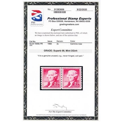 1055b, Mint 2¢ Superb NH Coil Pair With Graded 98 PSE Certificate Stuart Katz