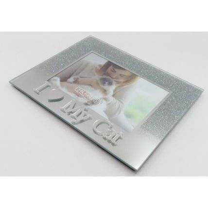 I Love My Cat Photo Frame Silver Glitter 14 CM Gift Feline Pet Home Decor