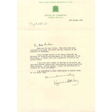Virginia Bottomley MP Hambledon Environment Conservation Hand Signed Letter