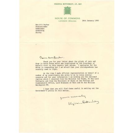 Virginia Bottomley MP President South Korea 1989 Animal Rights Hand Signed Lette