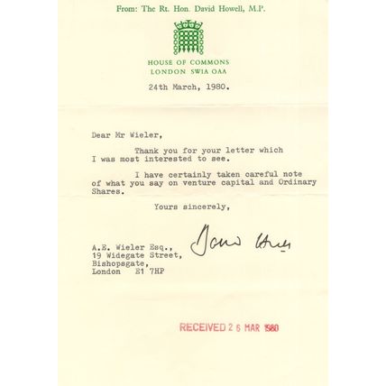 David Howell Conservative MP Of Railway Laws 1980s Hand Signed Letter