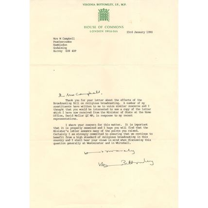 Virginia Bottomley Religious Broadcasting Bill MP Hand Signed Letter