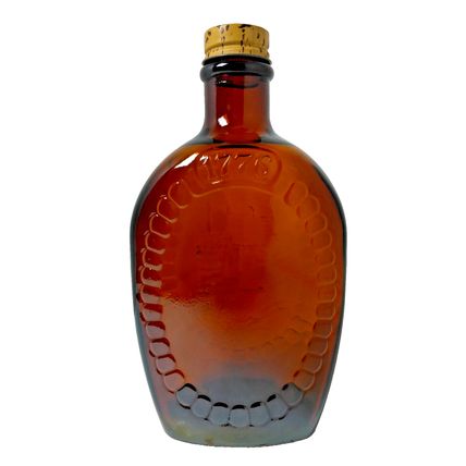 Vintage Log Cabin Syrup Embossed Amber Glass Bottle Bicentennial Liberty 1776