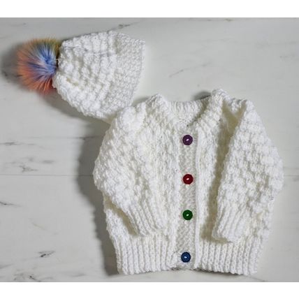 Hand Knitted White Chunky Wool Jacket & Hat to fit 18-24 months Approx BRAND NEW