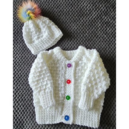 Hand Knitted White Chunky Wool Jacket & Hat to fit 18-24 months Approx BRAND NEW