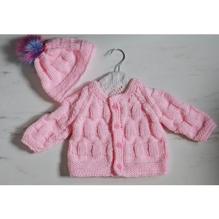 Hand Knitted Baby Pink Chunky Wool Jacket & Hat to fit 9-12 Months Approx