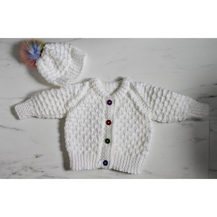 Hand Knitted White Chunky Wool Jacket & Hat to fit 18-24 months Approx BRAND NEW