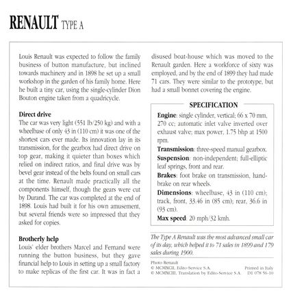 Collectors Club card. Classic Cars. Renault Type A