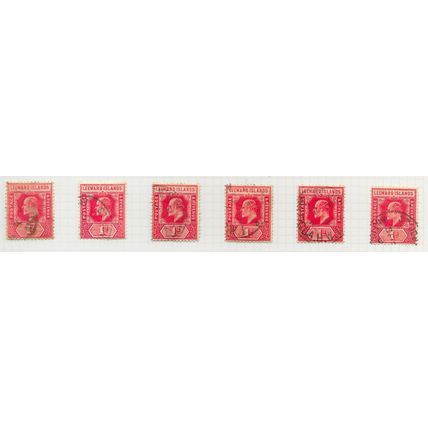 LEEWARD ISLANDS 1907 ONE PENNY KE7 SG38 USED x6 STAMP LOT SHADES