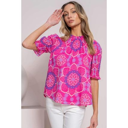 Rose Floral Print Frilled Neck Smocked Puff Sleeve Blouse