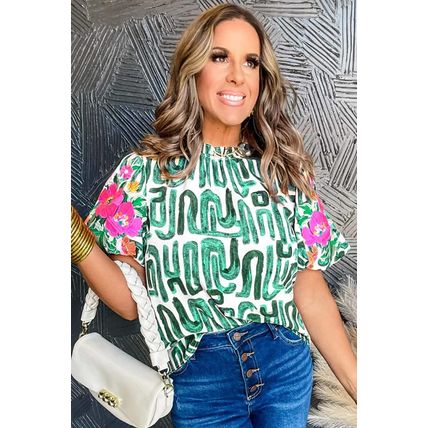 Blackish Green Embroidered Puff Sleeve Frilled Neck Printed Top