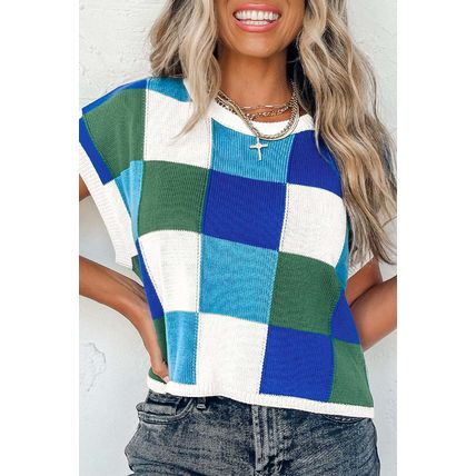Dark Blue Color Block Cap Sleeve Sweater Tops