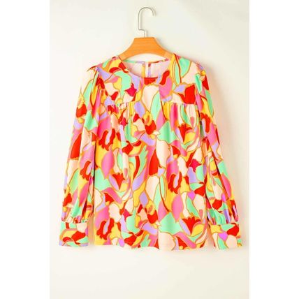 Yellow Abstract Print Puff Sleeve Blouse