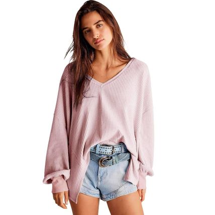 Light Pink Waffle V Neck Long Sleeve Drop Shoulder Loose Blouse