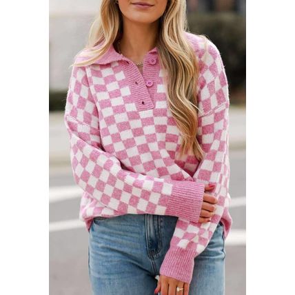 Pink Checkered Buttons Collar V Neck Drop Shoulder Sweater