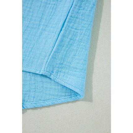 Aruba Blue Crinkled Bracelet Sleeve Flowy Blouse