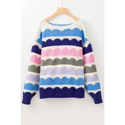 Dark Blue Wave Striped Balloon Sleeve Drop Shoulder Sweater