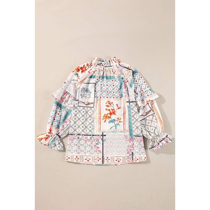 Multicolour Boho Floral Patched Ruffled Sleeve Tied Neck Blouse