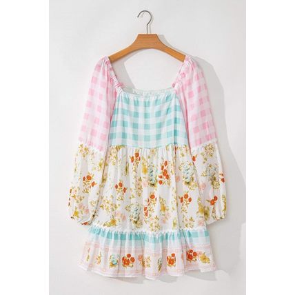 Pink Ric Rac Plaid Floral Print Patchwork Bubble Sleeve Dress
