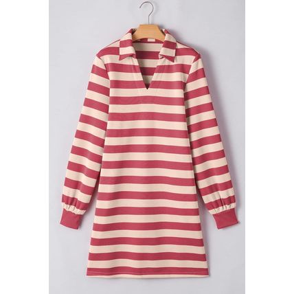 Pink Stripe Collared V Neck Long Sleeve Loose Casual Dress