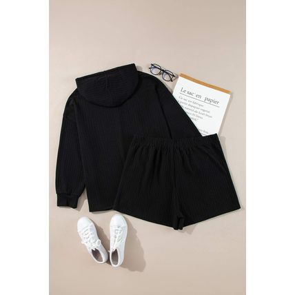 Black Textured Hoodie and Shorts Plus Size Two Piece Set