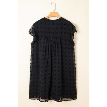 Black Dotty Textured Notched Neck Plus Ruffled Dress