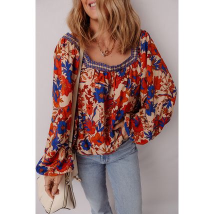 Multicolour Floral Print Square Neck Backless Loose Fit Blouse