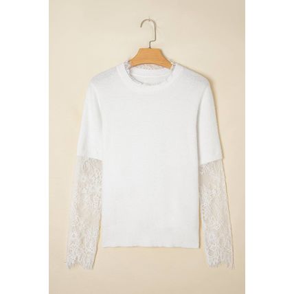 Beige Lace Sleeve Patchwork Faux Two-piece Fuzzy Sweater