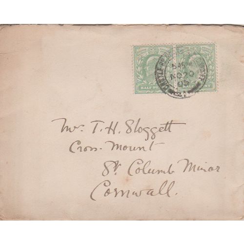 GB 1905 cover Castle Berday to St Columb Minor with 2 nice EdVII 0.5d stamps
