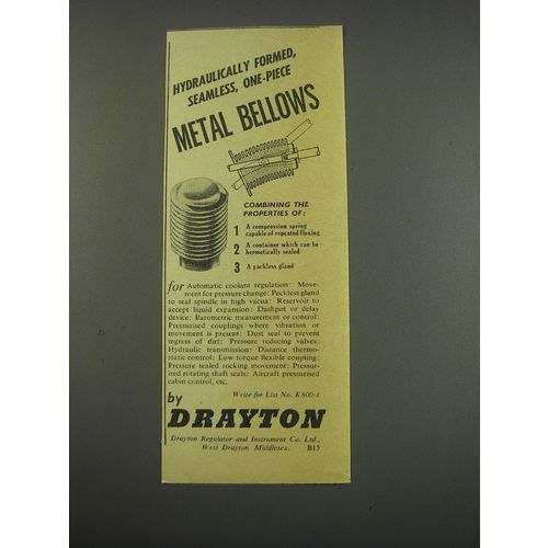 1957 Drayton Metal Bellows Ad - Hydraulically formed, seamless, one piece metal