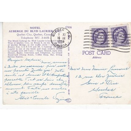 Motel Auberge du Blvd Laurier Quebec Canada Postcard posted 1959 VGC