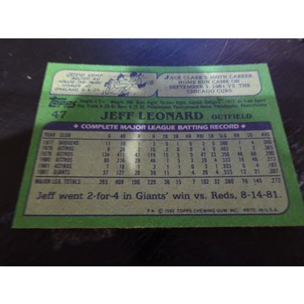 1982 Topps Card # 047 Jeff Leonard Excellent-Mint (6) San Francisco Giants