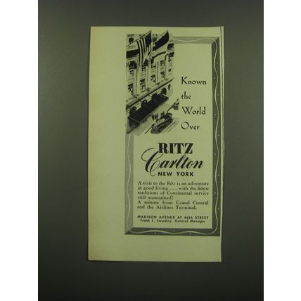 1949 Ritz Carlton Hotel, New York City Ad - Known the World Over