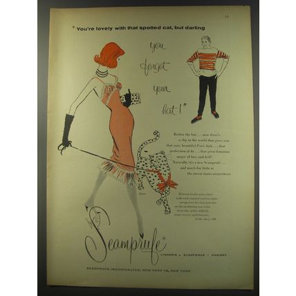 1956 Seamprufe Slip Ad - You're lovely with that spotted cat, but darling