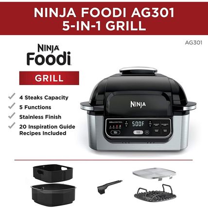 Ninja AG301 Foodi 5-In-1 Indoor Electric Grill with Air Fry, Roast, Bake & Dehyd
