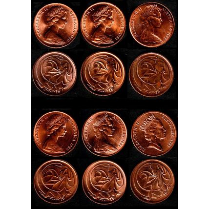 Australia Two Cents 1980 to 1985 6 x 2c Used Coins Frilled neck-lizard QE II