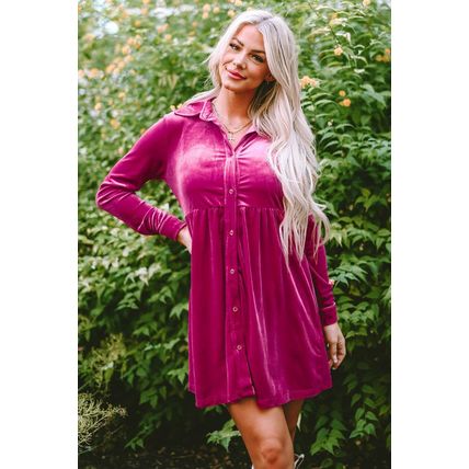 Rose Long Sleeve Ruffle Velvet Button Up Dress