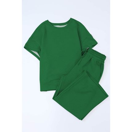 Dark Green Textured Loose Fit T Shirt and Drawstring Pants Set