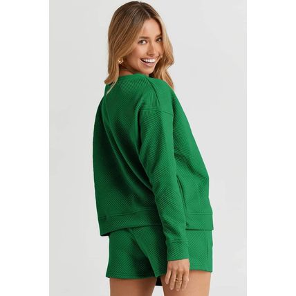 Green Textured Long Sleeve Top and Drawstring Shorts Set