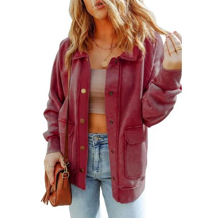 Red Vintage Washed Flap Pocket Button Shacket