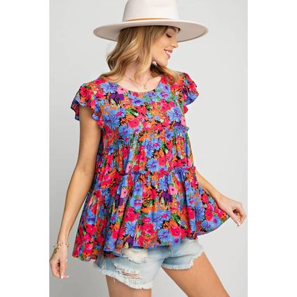 Multicolor Floral Print Ruffle Tiered Short Sleeve Babydoll Top