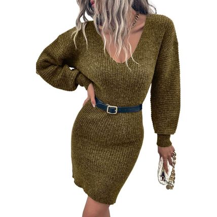 Green V Neck Bodycon Sweater Dress