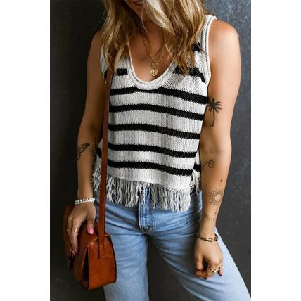 Beige Stripe Loose Knit Fringe Tank Top