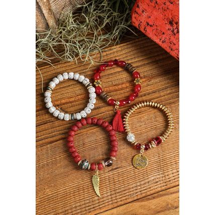 Red Dahlia 4pcs Boho Disc Tassel Wing Pendant Beaded Bracelet Set