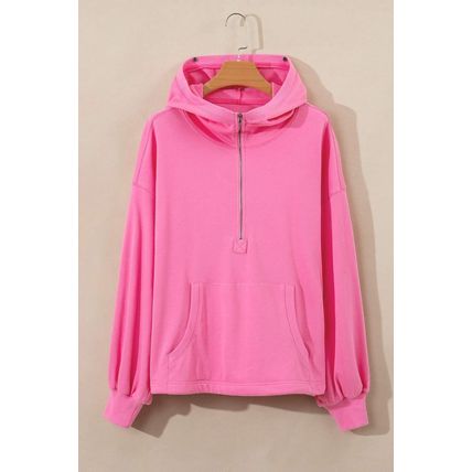 Bonbon Solid Kangaroo Pocket Half Zipper Oversized Hoodie
