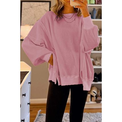Pink Waffle Knit Bishop Sleeve Split Oversized Sweatshirt