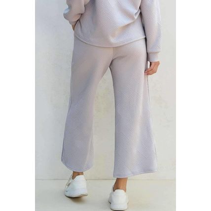 Light Grey Solid Textured Collared V Neck Top and Wide Leg Pants Set