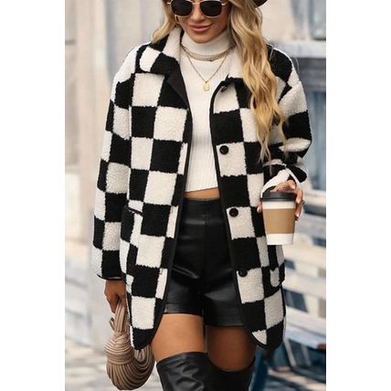 Black Checkered Side Pockets Collared Buttoned Fleece Jacket